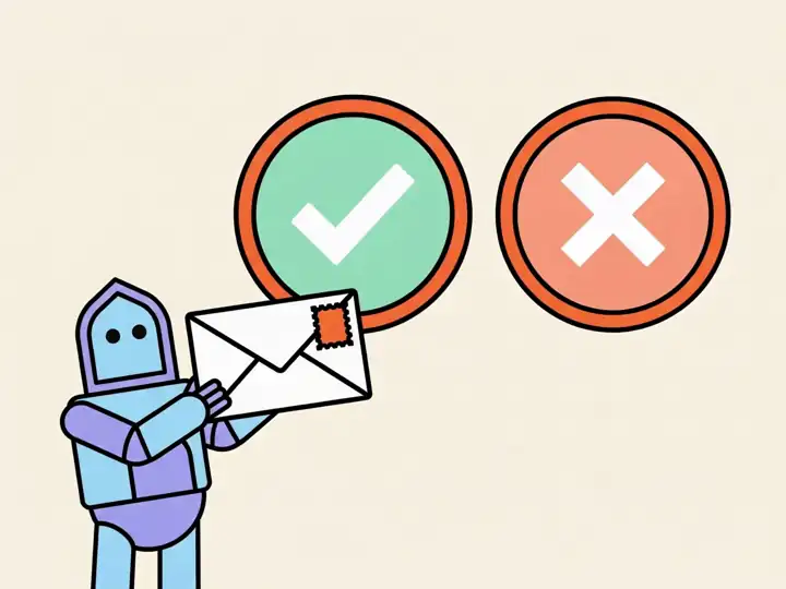 A bot holding up an email while a person is about to press the approve button.