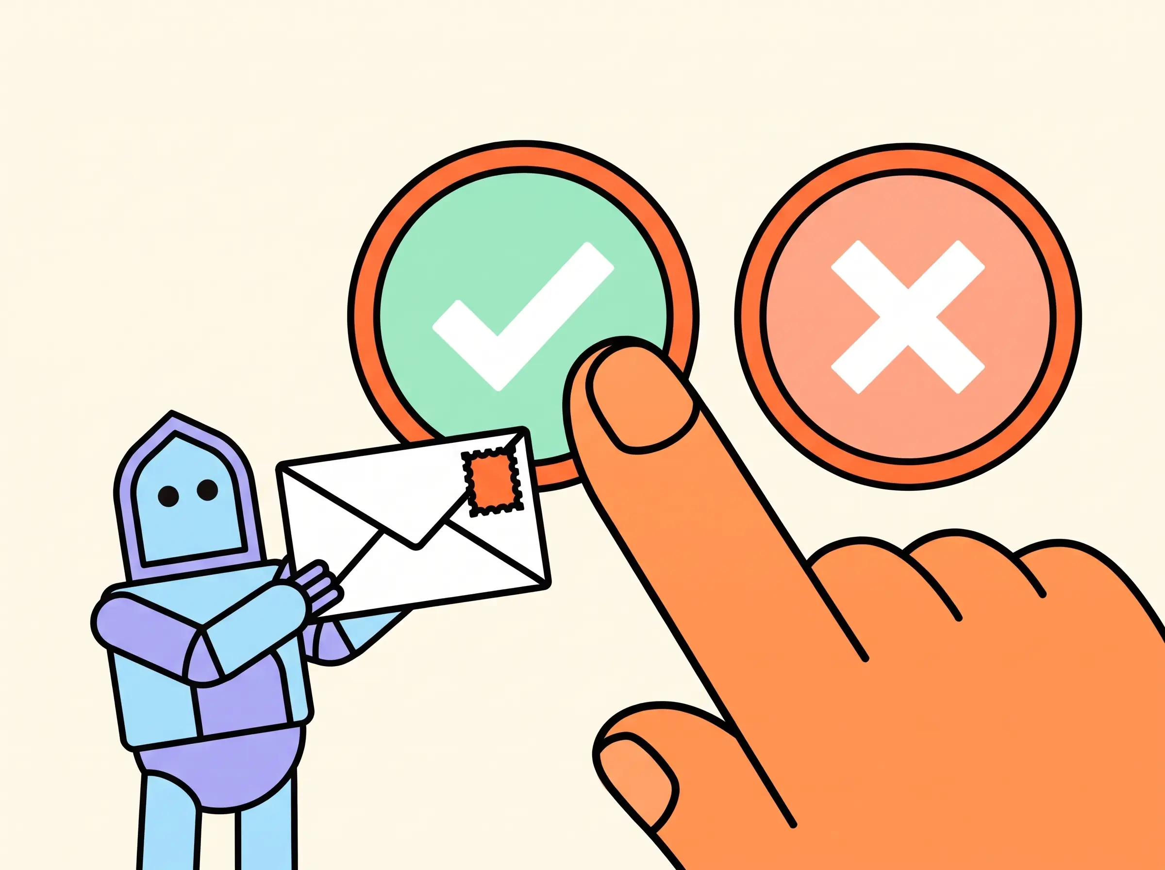 A bot holding up an email while a person is about to press the approve button.