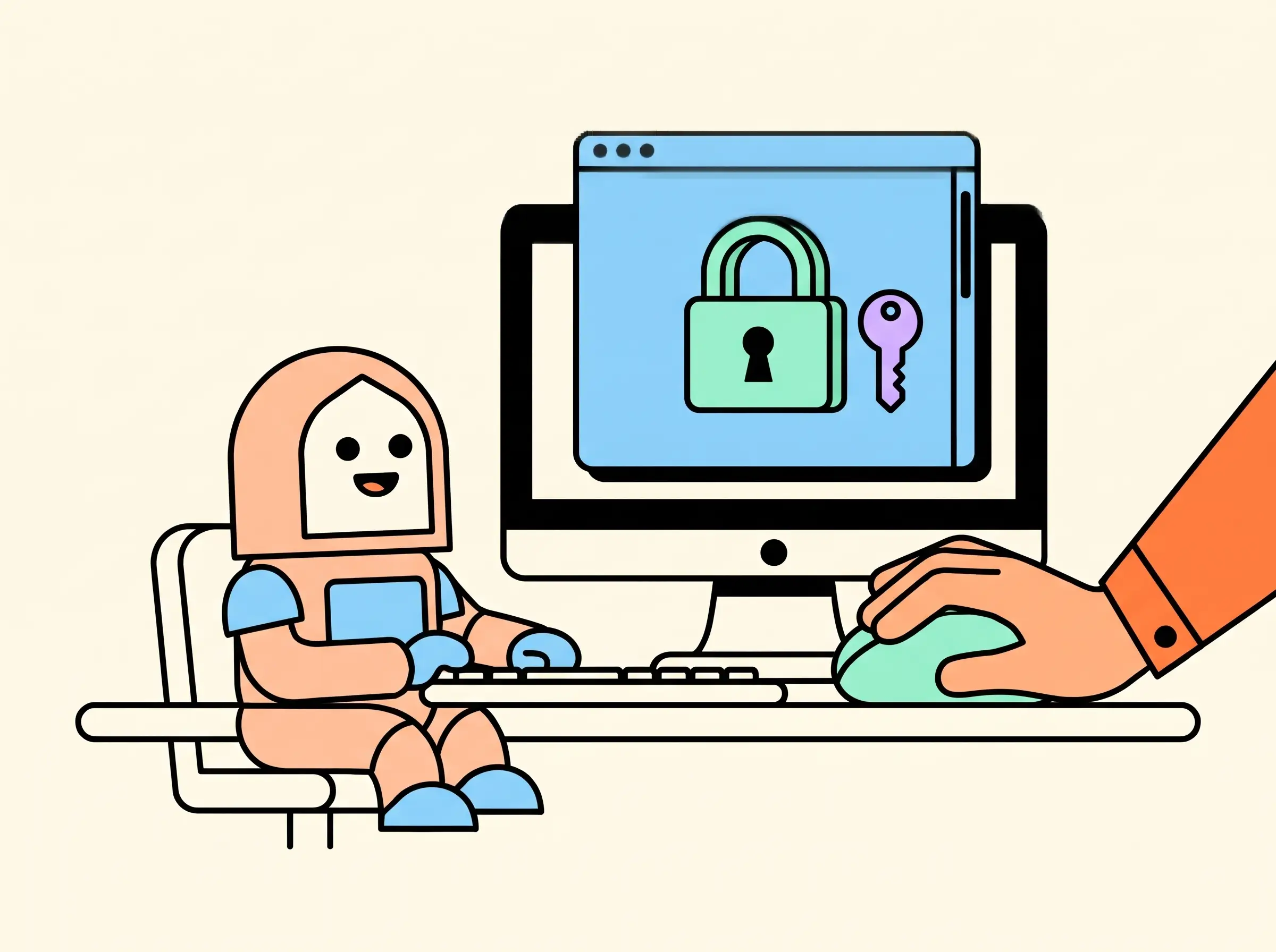 A bot at its own computer while a person takes over the mouse to sign in.