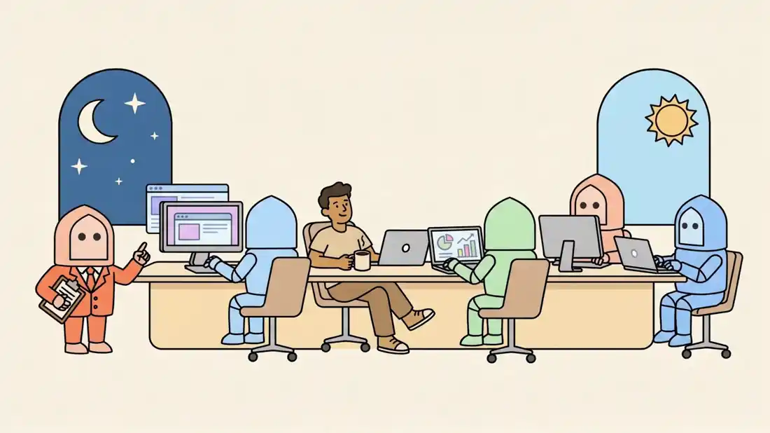 A team of arch-headed arbab bots working at a shared desk around their human boss, with night in one window and day in the other.