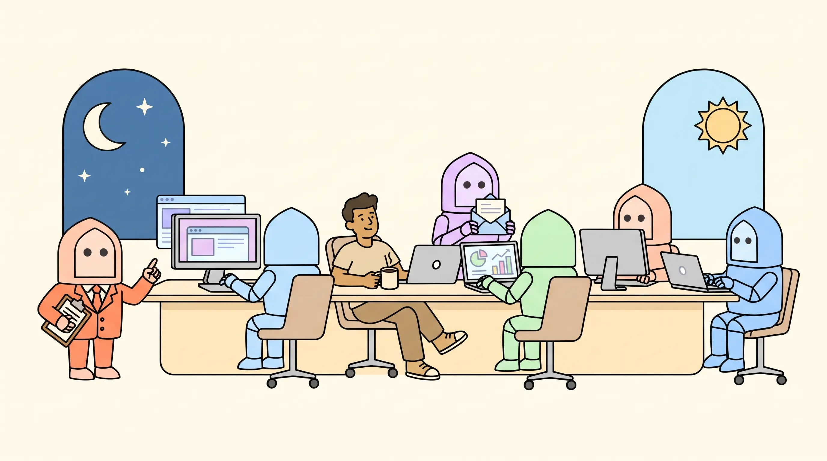 A team of arch-headed arbab bots working at a shared desk around their human boss, with night in one window and day in the other.