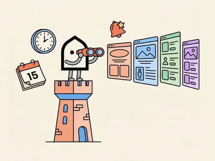 A bot with binoculars watching web pages, with a calendar, clock and notification bell.
