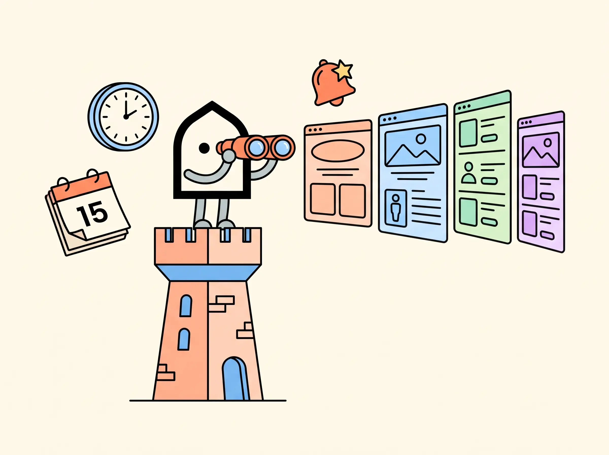 A bot with binoculars watching web pages, with a calendar, clock and notification bell.